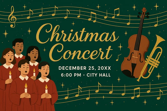 Musical Christmas card with choir, instruments, golden typography, and festive full-bleed background