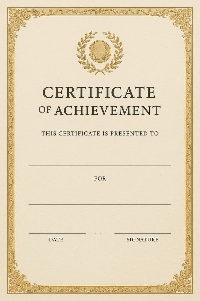 Portrait certificate of achievement layout with a textured ivory background, ornate gold border detailing, and a central embossed award wreath icon at the top, no text or lines anywhere