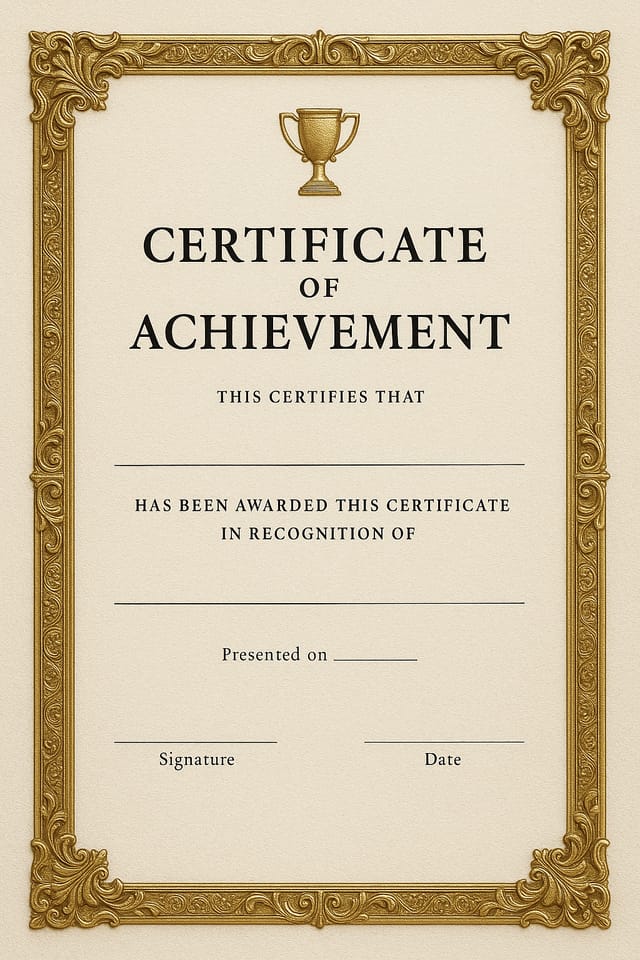 Luxury portrait certificate with ivory textured background, baroque-style gold embossed border, and a classic award trophy icon at the top center, no text or labels