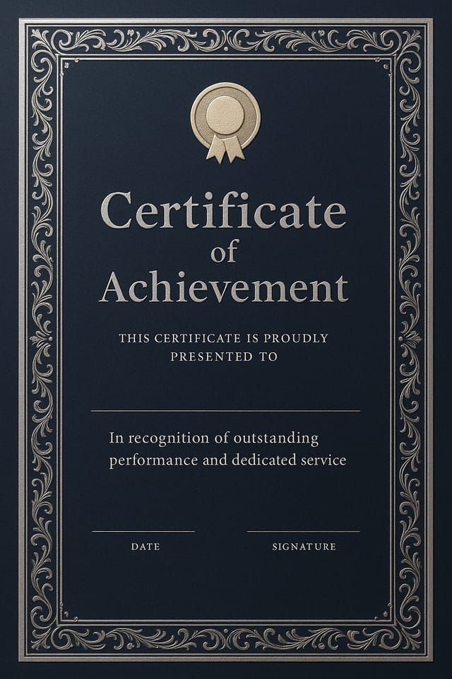 Elegant portrait certificate with platinum embossed border on a deep midnight blue backdrop, gold medal icon centered at the top, no typography or placeholders