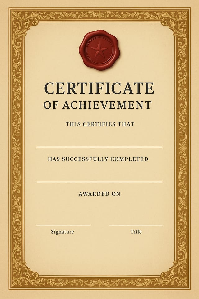 Classic achievement certificate with a faded parchment base, rich gold border design, and a premium wax-style seal at the top center, portrait layout, no writing at all