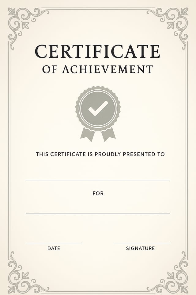 Portrait certificate with a gradient ivory-to-white background, ornamental corner swirls in silver, and a centered circular achievement badge, clean and textless
