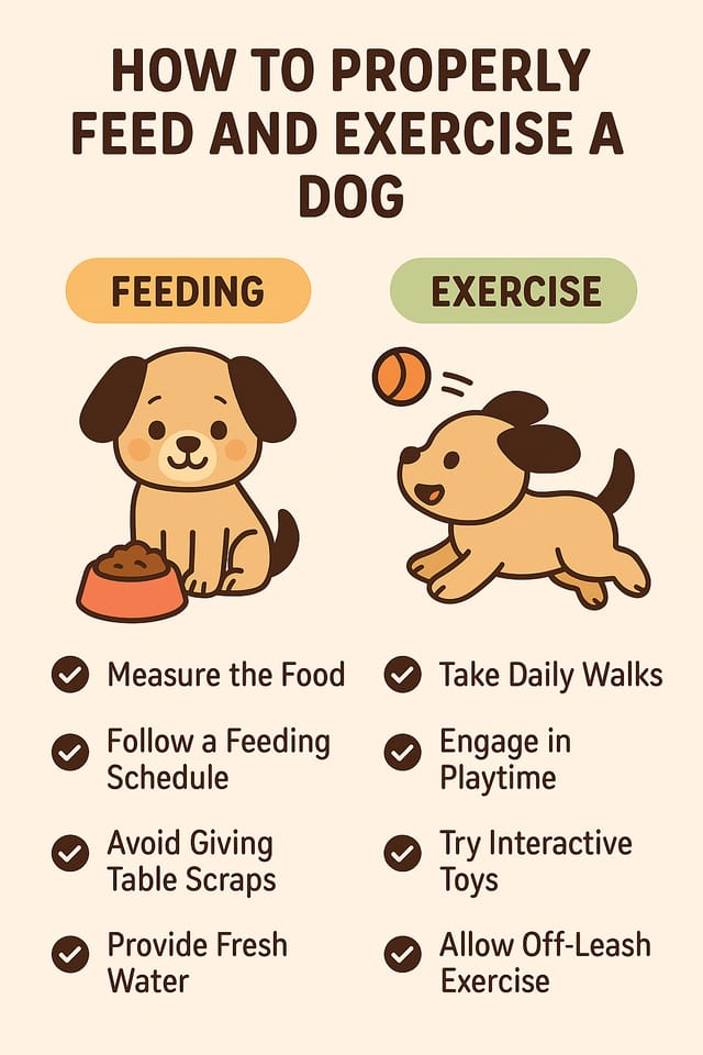 Pet care infographic with checklist-style layout and cartoon dog illustrations for feeding and exercise.