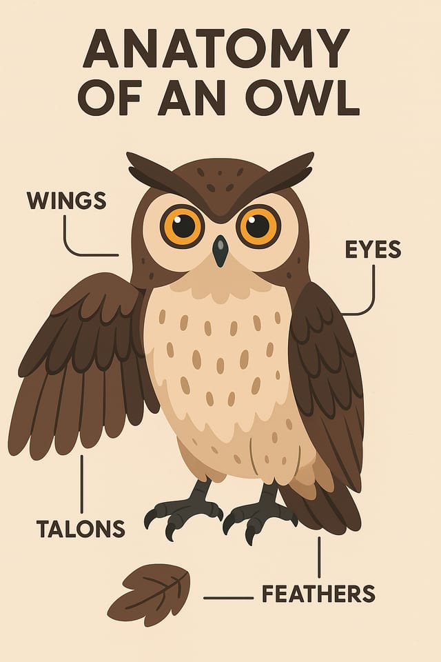 Owl anatomy infographic with labeled wings, talons, eyes, and feathers in modern vector style.