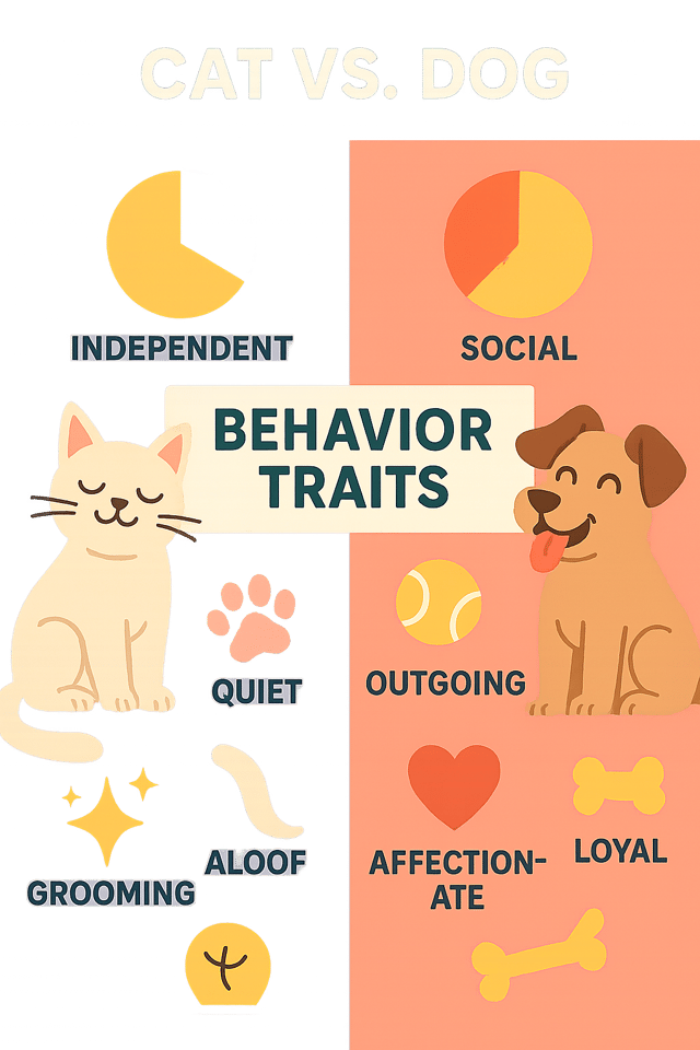 Cat vs. dog behavior traits infographic with playful icons, pie charts, and pastel colors.