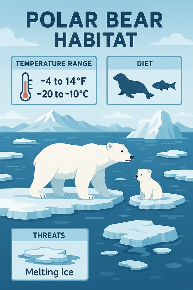 Polar bear habitat infographic with Arctic ice, diet, temperature ranges, and melting ice threats.
