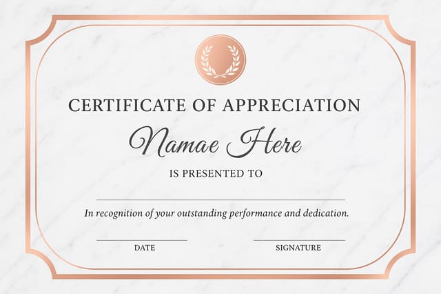 Landscape certificate template with white marble background, rose-gold curved frame, and laurel wreath medallion.