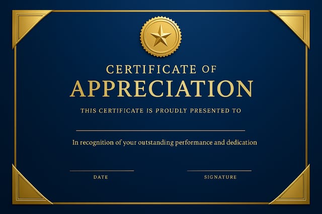 Royal blue gradient appreciation certificate with gold corner accents and circular award seal at top.