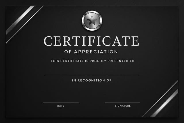 Modern charcoal textured certificate with silver diagonal borders and chrome badge at top.