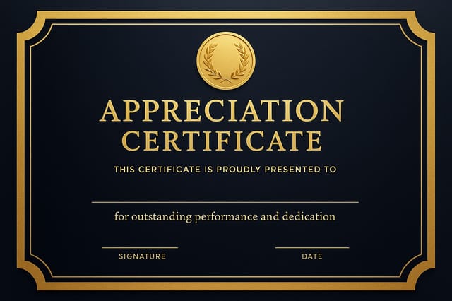 Navy-to-black gradient certificate with gold ribbon edge frame and laurel medallion at top.