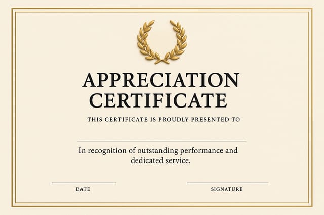 Ivory certificate with thin double-gold frame and 3D laurel wreath award seal at top.
