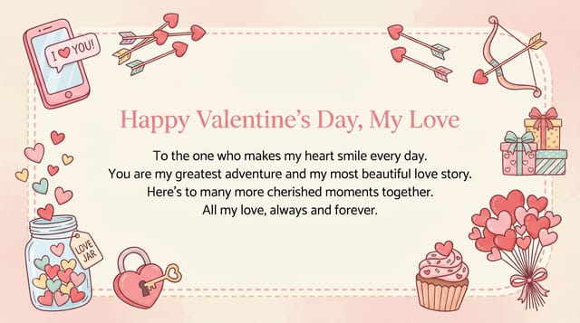 Valentine’s card with doodle border, pastel cream blush palette, cute illustrations and elegant typography