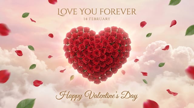 Valentine card with rose heart, dreamy pastel sky, romantic typography