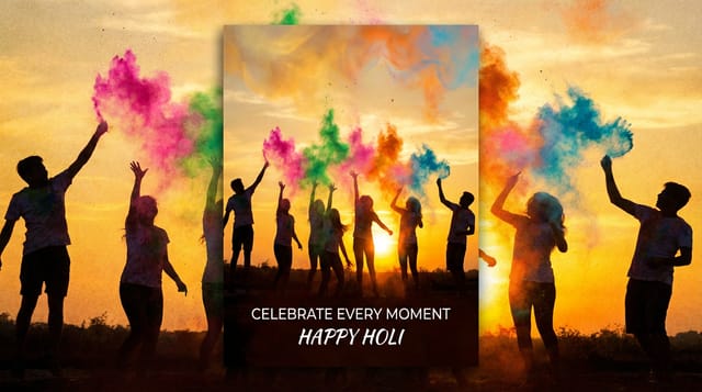 Friends celebrating Holi at sunset with colorful powder silhouettes