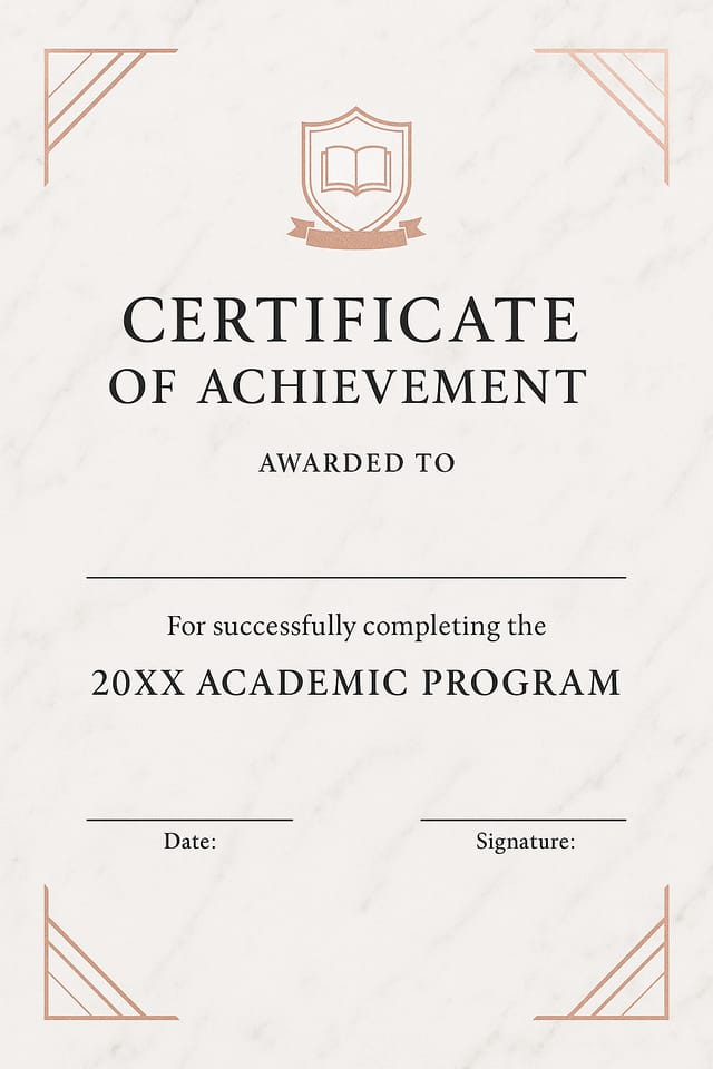 White marble texture with rose-gold corners and classic shield emblem WITH BOOK with a tiny ribbon banner at the top; text: “Certificate of Achievement – Awarded to (Space for Name) – For successfully completing the 20XX Academic Program. Date: (Space for Date) | Signature: (Space for Signature)