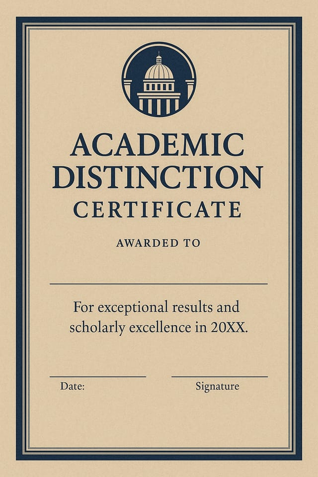 Sand parchment with navy-silver dual border and university dome emblem with two side pillars at the top; text: “Academic Distinction Certificate – Awarded to (Space for Name) – For exceptional results and scholarly excellence in 20XX. Date: (Space for Date) | Signature: (Space for Signature)”;