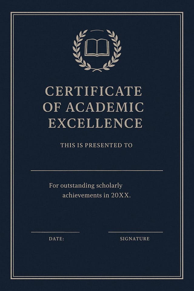 Deep navy textured background with thin platinum border and a circular embossed university crest emblem with laurel leaves at the top; text: “Certificate of Academic Excellence – This is presented to (Space for Name) – For outstanding scholarly achievements in 20XX. Date: (Space for Date) | Signature: (Space for Signature)”;