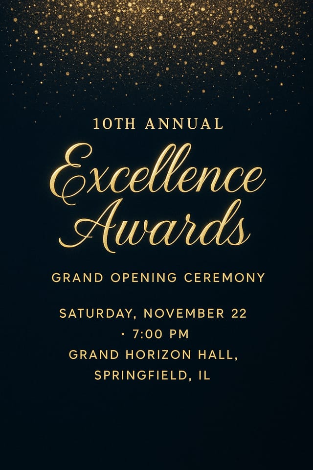 Midnight blue and gold glitter invitation for 10th Annual Excellence Awards.