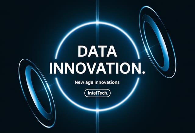 Abstract, futuristic black background presentation slide with a glowing blue light burst at the center, split-sphere style on left and right edges. Clean, modern font for title “Data Innovation” in white. Subtitle in smaller font: “New Age Innovations.” Rounded, semi-transparent button-style textbox for “intel tech.” Minimal, tech-inspired layout with central visual focus and dark-space aesthetic.