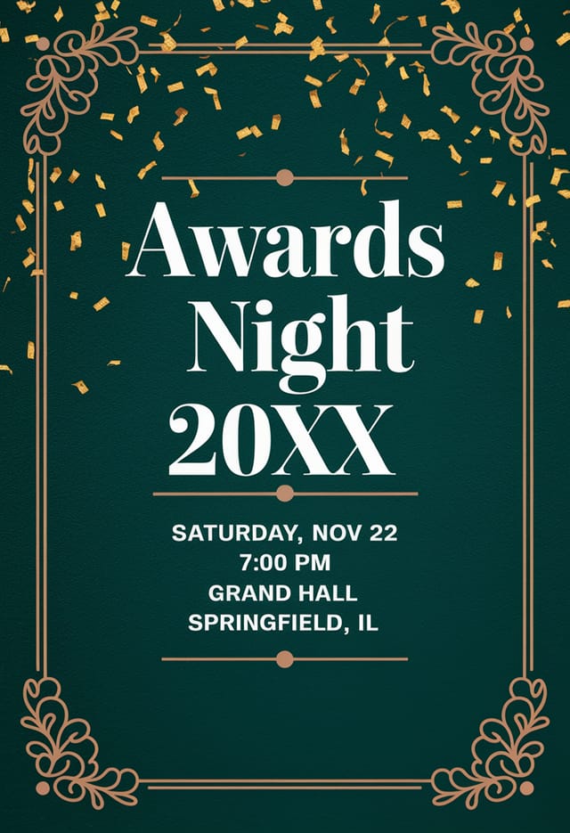 Elegant green and gold invitation for Awards Night 20XX.