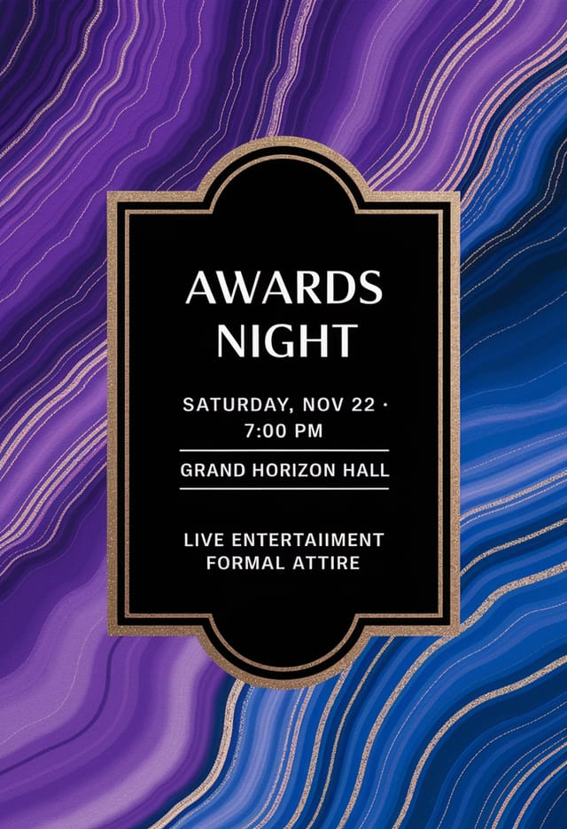 Purple-blue marble invitation with gold border panel for Awards Night.