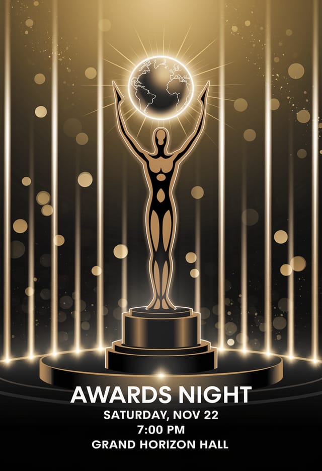 Golden glamorous invitation with award statue.