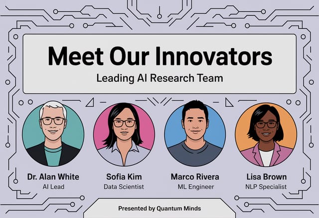 Light-gray tech pattern background, header “MEET OUR INNOVATORS”, subtitle “Leading AI Research Team”, four circular photos with names & titles: Dr. Alan White – AI Lead, Sofia Kim – Data Scientist, Marco Rivera – ML Engineer, Lisa Brown – NLP Specialist, footer “Presented by Quantum Minds”.