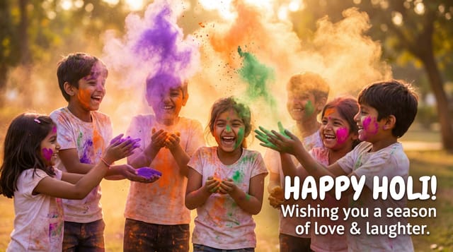 Group of children celebrating Holi with colorful powder and joyful expressions