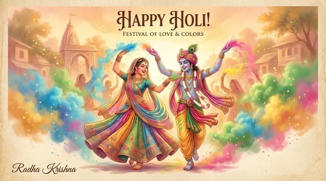 Radha Krishna celebrating Holi with colorful powder in divine artistic style