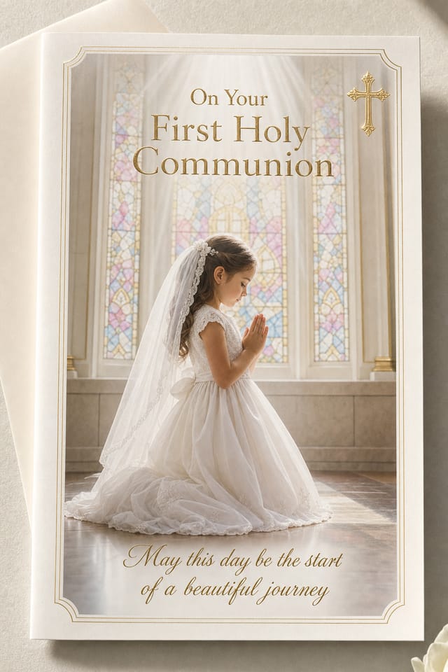 First Communion Card — photo-realistic style card design, featuring soft pastels, baby motifs (booties, rosary beads, pacifiers), gentle clouds