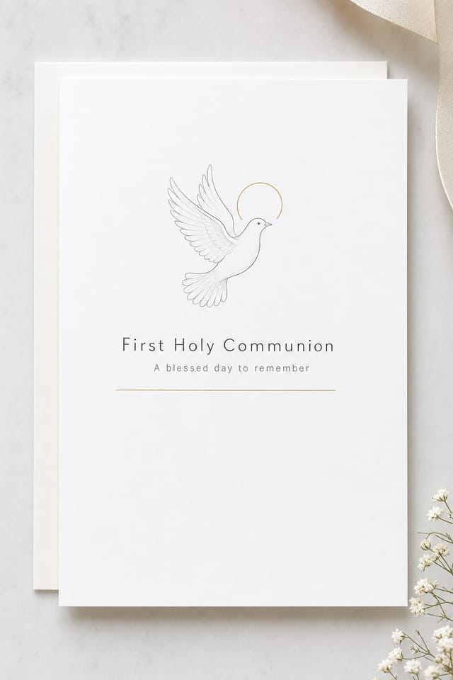 First Communion Card — elegant style card design, featuring soft pastels, baby motifs (booties, rosary beads, pacifiers), gentle clouds