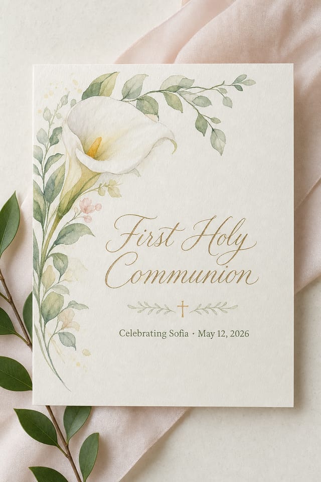 First Communion Card — illustration style card design, featuring soft pastels, baby motifs (booties, rosary beads, pacifiers), gentle clouds