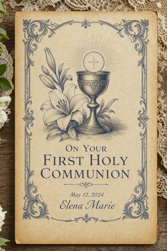 First Communion Card — modern style card design, featuring soft pastels, baby motifs (booties, rosary beads, pacifiers), gentle clouds