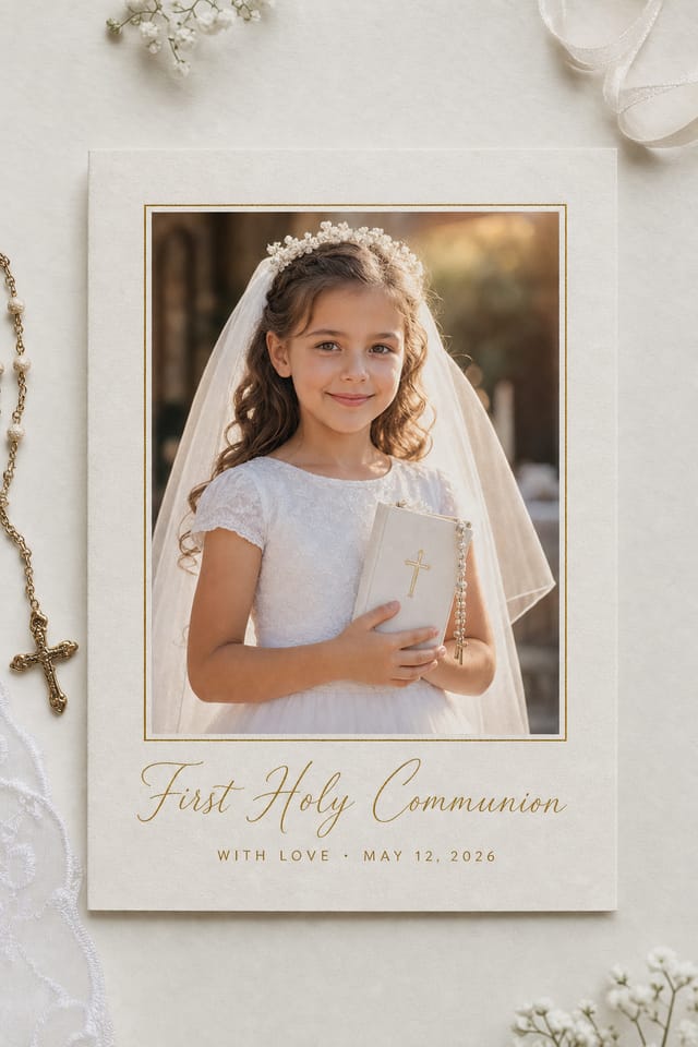 First Communion Card — vibrant style card design, featuring soft pastels, baby motifs (booties, rosary beads, pacifiers), gentle clouds