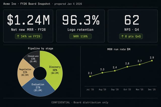 KPI infographic — 3 stat cards, pipeline donut, MRR run rate sparkline