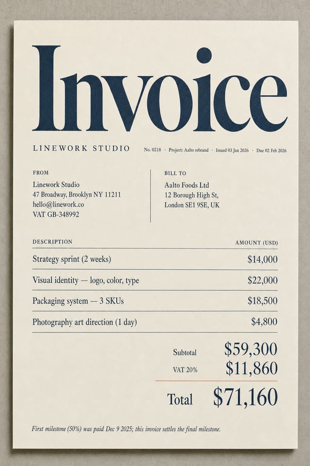 Factura de agencia creativa — protagonismo tipográfico, Linework Studio, total de $71,160