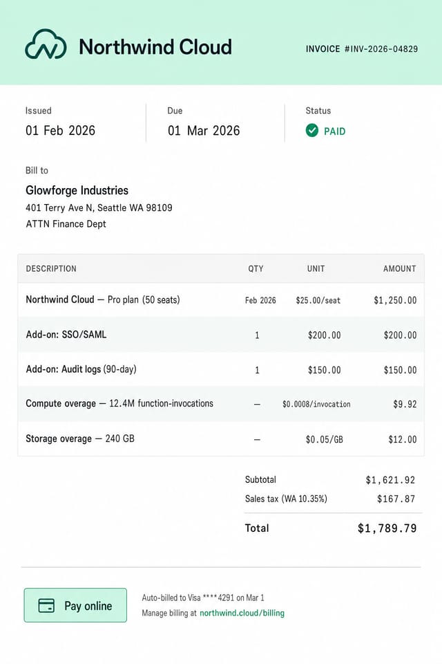 Factura de suscripción SaaS — Northwind Cloud, total de $1,789.79, estado PAGADA