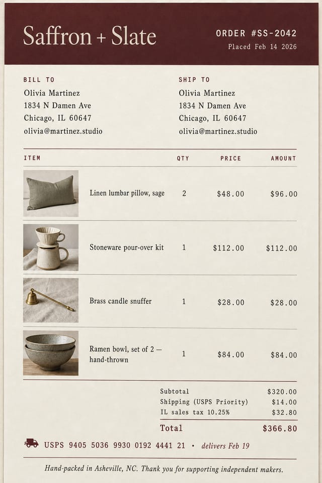 Recibo de pedido e-commerce — Saffron + Slate, total de $366.80 con miniaturas de producto