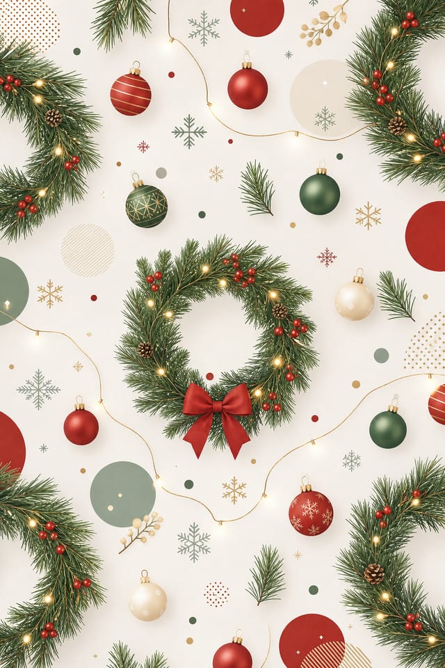 Christmas Background — modern style background image, featuring pine wreaths, ornaments, red and green palette, snowflakes, festive lights