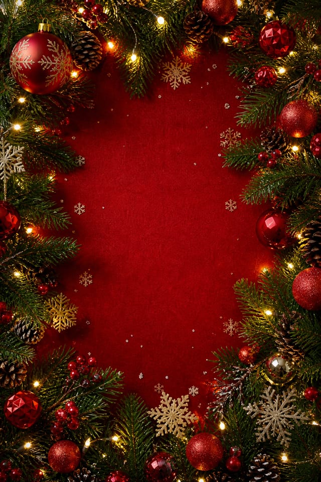 Christmas Background — photo-realistic style background image, featuring pine wreaths, ornaments, red and green palette, snowflakes, festive lights
