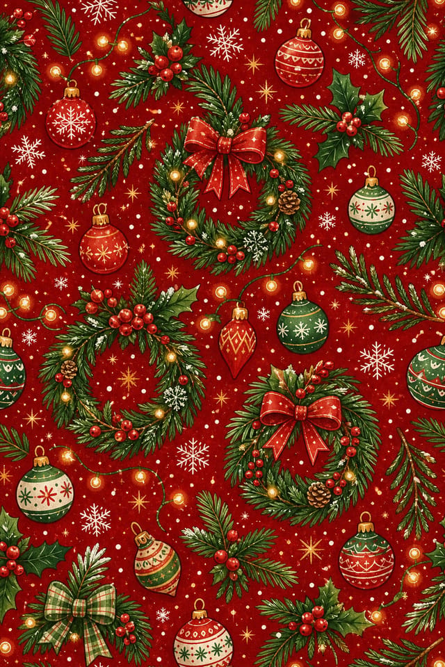 Christmas Background — illustration style background image, featuring pine wreaths, ornaments, red and green palette, snowflakes, festive lights