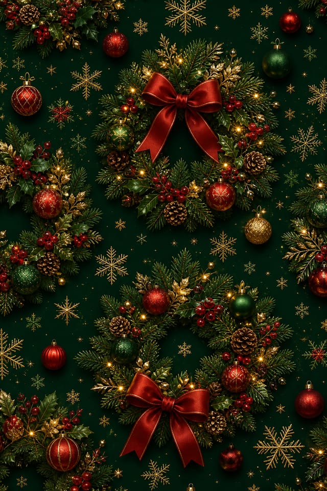 Christmas Background — elegant style background image, featuring pine wreaths, ornaments, red and green palette, snowflakes, festive lights