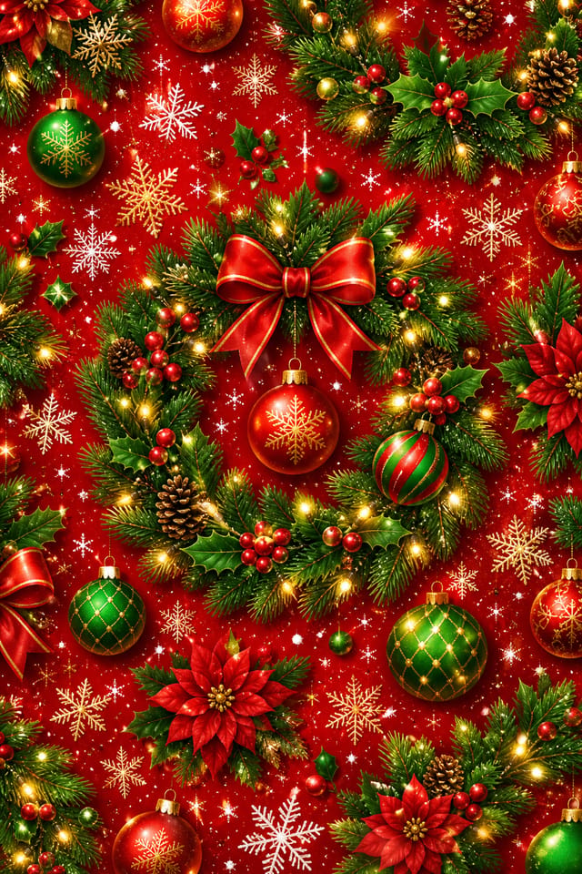 Christmas Background — vibrant style background image, featuring pine wreaths, ornaments, red and green palette, snowflakes, festive lights