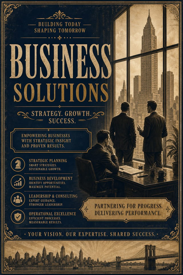 Business Banner — vintage style web banner, featuring professional office imagery, suit silhouettes, navy and gold palette