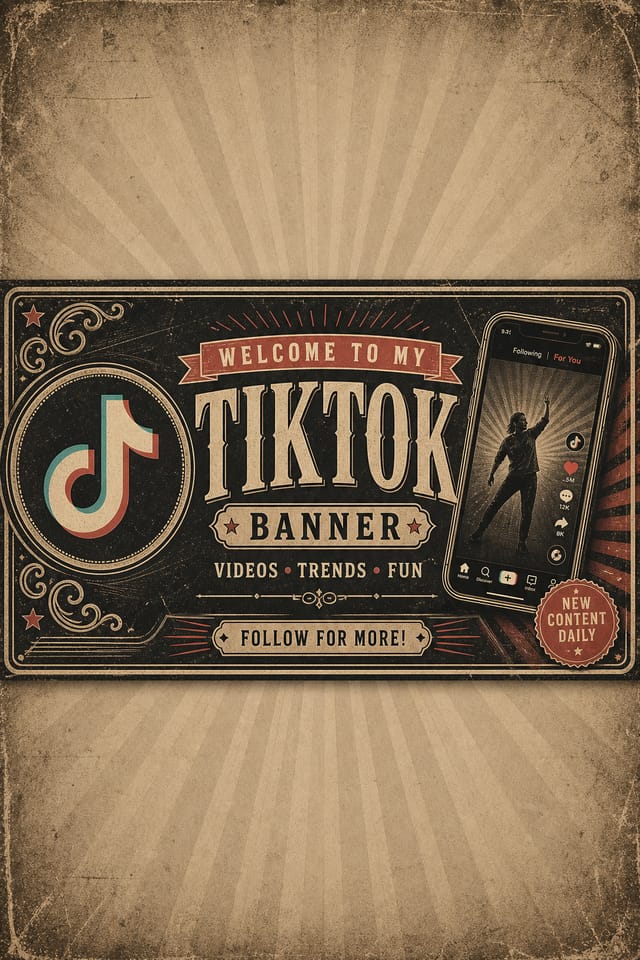 TikTok banner — Welcome to my TikTok Banner — Videos · Trends · Fun vintage header — Pixazo AI generated