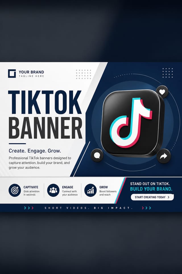 TikTok banner — Create. Engage. Grow. clean brand template — Pixazo AI generated