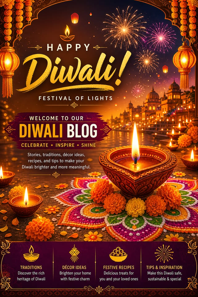 Diwali Blog Banner — vibrant style blog banner, featuring glowing diya lamps, marigold flowers, rangoli patterns, golden-orange palette, fireworks