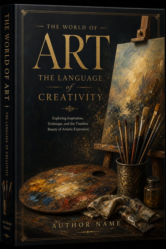 Art Book Cover — elegant style book cover, featuring paintbrushes, palette, canvas, creative imagery