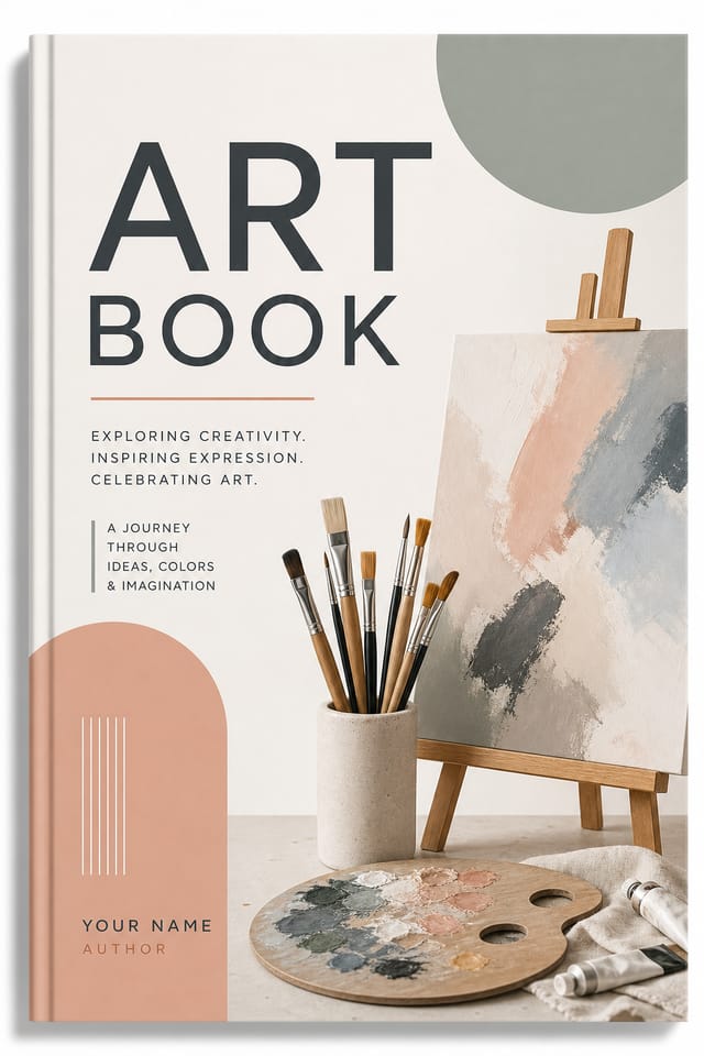 Art Book Cover — modern style book cover, featuring paintbrushes, palette, canvas, creative imagery