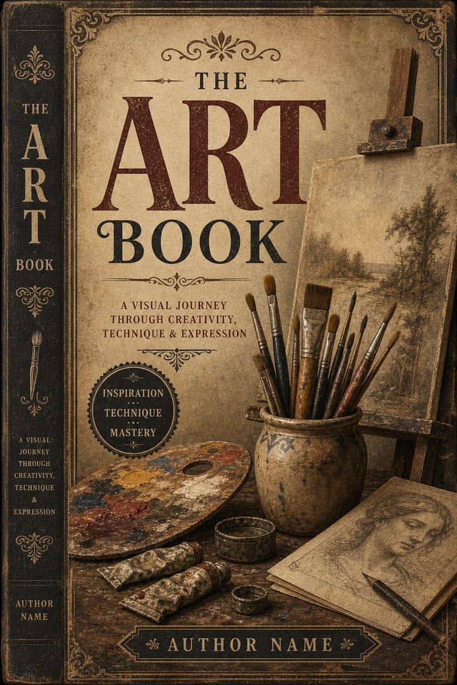 Art Book Cover — vintage style book cover, featuring paintbrushes, palette, canvas, creative imagery